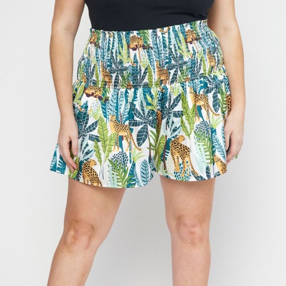 Off White Satin Tropical Cheetah Print Shorts